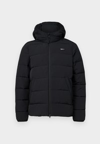 Svart pufferjacka med huva, featuring dragkedja fram, horisontell sömnad och sidofickor. Mjuk textur och lättviktig design.