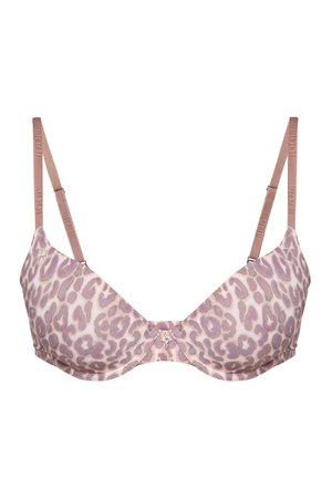 Light pink padded bra with purple leopard print, adjustable shoulder straps, and a small central bow with charm detail.