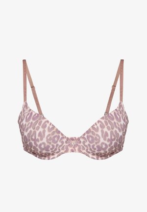 Sujetador acolchado rosa claro con estampado de leopardo morado, tirantes ajustables y un pequeño lazo central con detalle de colgante.