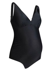 Maillot de bain de maternité noir avec un design en V, fabriqué en tissu extensible, présentant des détails froncés autour du buste et des bretelles réglables.