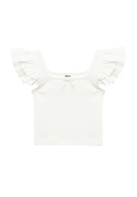Top bianco a maniche corte con tessuto texturizzato, scollatura quadrata e maniche a balze. Design semplice con un dettaglio centrale a lacci.