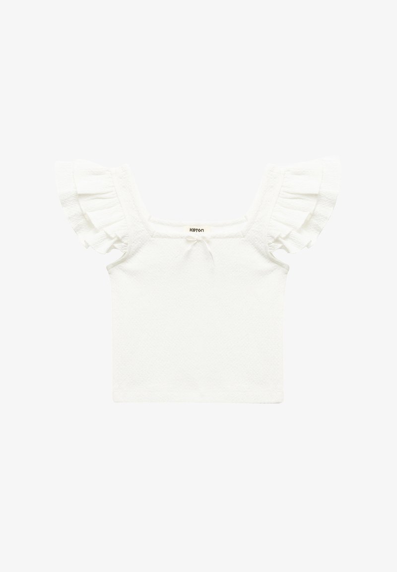 Weißes kurzärmeliges Oberteil mit strukturiertem Stoff, quadratischem Ausschnitt und riefigen Ärmeln. Einfaches Design mit einer zentralen Bindung.