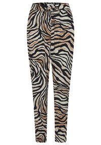 Zebra-print broek in beige, zwart en bruin. Kenmerken zijn een elastische tailleband en taps toelopende benen. Gemaakt van lichte stof met een getextureerde afwerking.