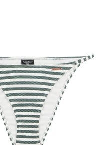 Randig bikiniunderdel i grönt och vitt; har fint texturerat tyg, elastisk midja och en liten märkesetikett.