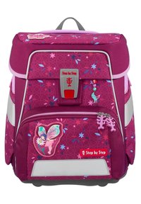 Lila Rucksack mit Blumenmustern, ausgestattet mit einer Vorderasche, reflektierenden Akzenten und dekorativen Patches, darunter ein Feen- und Charm-Detail.