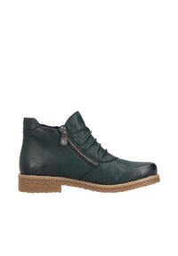 Stivaletti in pelle verde scuro con zip laterale, dettagli cuciti e suola in gomma testurizzata. Presentano una punta arrotondata e un tacco lieve.