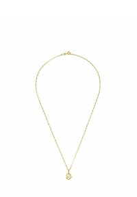 Collana in oro con un design delicato, presenta un piccolo pendente a forma di nodo intrecciato. Dettaglio di chiusura semplice sul retro.
