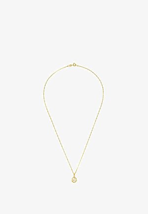 Złoty naszyjnik łańcuszkowy o delikatnym wzorze, z małym wisiorkiem w kształcie splecionego węzła. Prosty detal z zapięciem z tyłu.