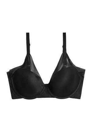 Sujetador negro con copas moldeadas, detalles de malla, tirantes ajustables y aros. Presenta una tela suave en las copas y lados transparentes.