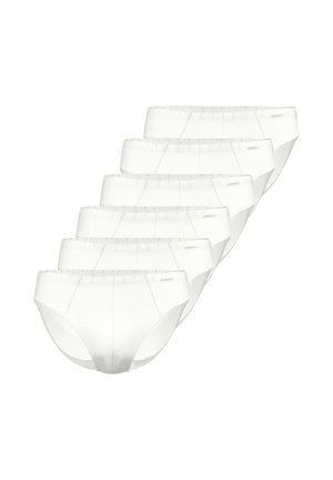 White cotton briefs set, featuring a smooth texture, elastic waistband, and simple design. Arranged in a row, they display consistent shaping.