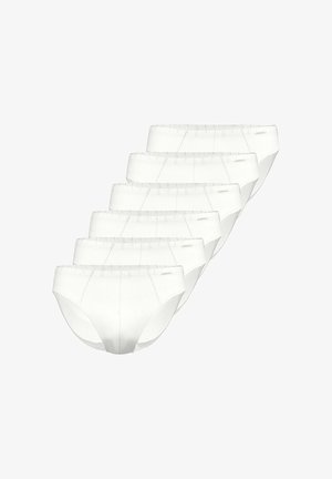 Weißes Baumwoll-Unterwäsche-Set mit glatter Textur, elastischem Bund und schlichten Design. In einer Reihe angeordnet, zeigen sie eine gleichmäßige Form.