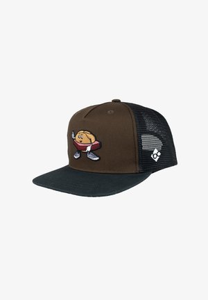 Brown and black mesh trucker cap with flat brim, featuring a cartoon pie character wearing sneakers and giving a peace sign on the front panel.