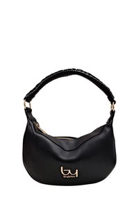 Borsa in pelle nera con forma curva, dotata di manico intrecciato nero, dettaglio del logo dorato e chiusura con zip nella parte superiore.