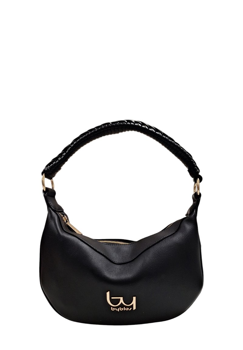 Borsa in pelle nera con forma curva, dotata di manico intrecciato nero, dettaglio del logo dorato e chiusura con zip nella parte superiore.