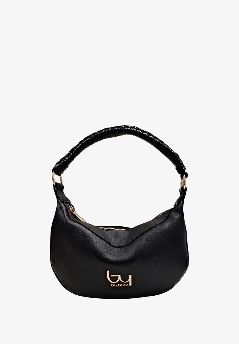 Borsa in pelle nera con forma curva, dotata di manico intrecciato nero, dettaglio del logo dorato e chiusura con zip nella parte superiore.