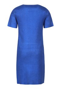 Abito a maniche corte in tessuto a coste blu lucido, con una vestibilità comoda e orlo dritto, caratterizzato da una sottile texture e lucentezza.