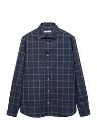 Marineblauwe geruite blouse met lange mouwen, knoopsluiting aan de voorkant en een puntige kraag. Heeft een contrasterend licht rasterpatroon en een soepele textuur.