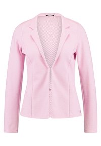 Světle růžový dámský blazer s dlouhými rukávy, klopovým límcem a texturovaným vzorem, zobrazený zepředu na bílém pozadí.