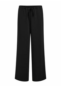 Pantalons larges noirs en tissu doux, avec une taille élastique et un cordon de serrage ajustable. Convient pour une tenue décontractée ou sportive.