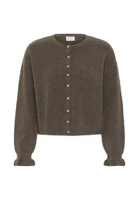 Rjav puhast krojen cardigan s dolgimi napihnjenimi rokavi in vrstico bisernih gumbov spredaj.