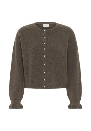 Brown fuzzy cropped cardigan with long puffed sleeves and a row of pearl-like buttons down the front.