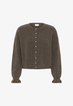 Brown fuzzy cropped cardigan with long puffed sleeves and a row of pearl-like buttons down the front.