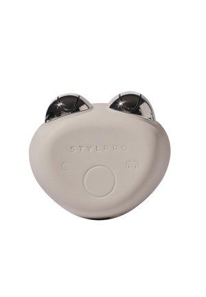 White handheld facial roller with two shiny silver massage heads and the brand name Stylpro embossed on the center.