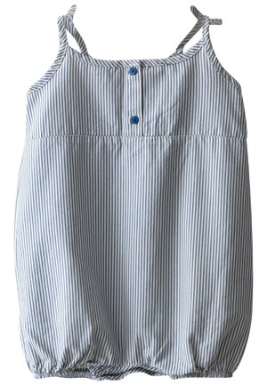 Ærmeløs babyheldragt med blå og hvide lodrette striber, to blå knapper på brystet, elastik samlet ved benåbningerne.