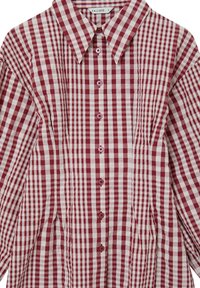 Camicia a maniche lunghe a quadri rossi e bianchi con colletto a punta, chiusura con bottoni e texture plissettata. Presenta bottoni rosa come dettagli decorativi.