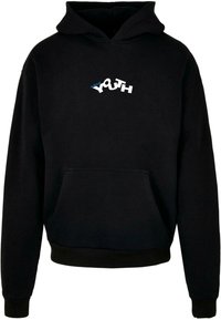Sort hoodie lavet af bomuldsblanding. Har en frontlomme og hætte med snørehætte. Har hvid og blå grafisk tekst "YOUTH" på brystet.