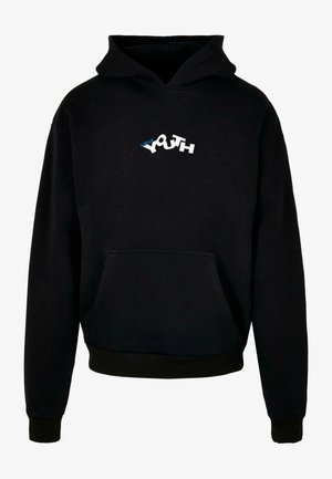 Felpa nera con cappuccio in misto cotone. Presenta una tasca frontale e un cappuccio con coulisse. Ha una grafica testuale bianca e blu "YOUTH" sul petto.