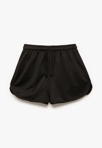 Pantalones cortos deportivos negros con una cinturilla elástica y cordón exterior. Tela suave y lisa con un corte holgado y dobladillo curvado.