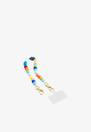 Chaîne colorée en perles avec fermoirs dorés attachée à un porte-badge d'identification rectangulaire transparent sur fond blanc.