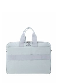 Sac d'ordinateur portable gris avec deux poignées, fermeture éclair et une poche frontale plate. Confectionné en tissu lisse avec un design minimaliste.