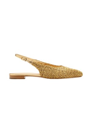 Woven golden flat slingback shoe with pointed toe and small wooden heel, featuring an adjustable buckle strap.