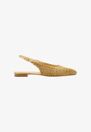 Woven golden flat slingback shoe with pointed toe and small wooden heel, featuring an adjustable buckle strap.