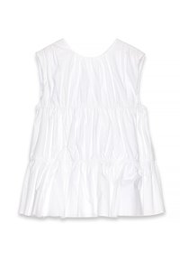 Valge ilma varrukateta top, millel on ümmargune kaelus, kokku pandud detailid ja laienev äär. Sile kangas, millel on kortsus tekstuur.