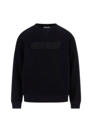 Black crewneck sweatshirt with a textured "GUESS" logo across the front, featuring long sleeves and ribbed cuffs and hem.
