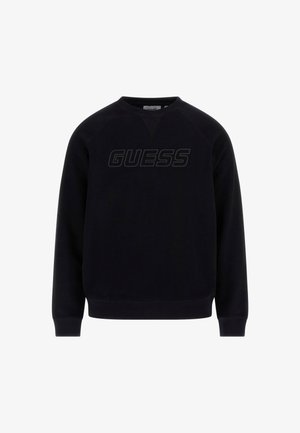 Crni dukserica s okruglim izrezom s teksturiranim "GUESS" logotipom preko prednje strane, s dugim rukavima i rebrastim manžetama i donjim rubom.