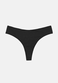 String en coton noir avec une taille basse et une couverture minimale, étalé à plat sur un fond gris clair.