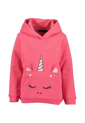 Różowa dziecięca bluza z kapturem z twarzą jednorożca, zamkniętymi oczami, uszami, rogiem i małymi gwiazdkami na przedniej kieszonce.