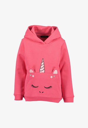 Pinkes Kinder-Hoodie mit Einhorn-Gesicht, geschlossenen Augen, Ohren, einem Horn und kleinen Stern-Dekorationen auf der Vorderseite der Tasche.