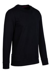 Zwarte langekleurige sweatshirt met ronde hals, met geribde manchetten en onderrand, klein logo op de linker borst en een label aan de onderzijde van de zijnaad.