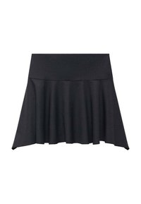 Black flared skirt made of stretchy fabric. Features a fitted waist and flowing hemline, offering a smooth texture and versatile design.