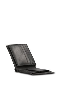 Portafoglio in pelle nera con molteplici scomparti per carte e un compartimento per banconote. Superficie testurizzata con design pulito e minimalista.