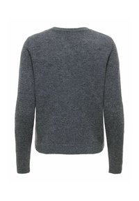 Pull en maille gris foncé à manches longues avec un col rond, vu de dos sur fond blanc.