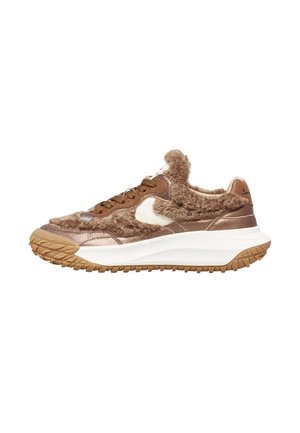 Brown fur-like upper with metallic accents, white midsole, and textured gum rubber sole. Round laces and padded collar detail.