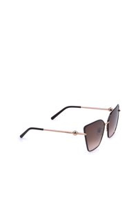 Lunettes de soleil avec des verres carrés dégradés foncés et une fine monture métallique couleur or rose avec des embouts de branches noirs recouverts de plastique.