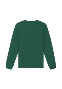 Grüner Pullover mit langen Ärmeln, rundem Ausschnitt und umgenähten Säumen. Aus einem weichen Material gefertigt, in einfarbiger Ausführung ohne Muster.