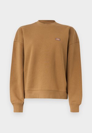 Hnedá mikina s okrúhlym výstrihom, rebrovanými manžetami a lemom, s malou obdĺžnikovou nášivkou loga na ľavej strane hrude.